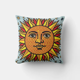 Celestial Sun Face Pop Art Comic Style Sunburst Cushion