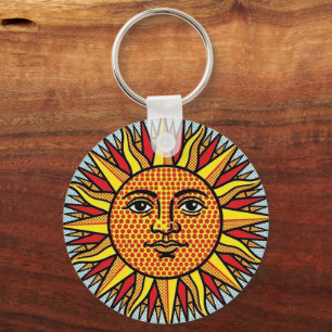 Celestial Sun Face Pop Art Comic Style Sunburst Key Ring