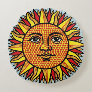 Celestial Sun Face Pop Art Comic Style Sunburst Round Cushion