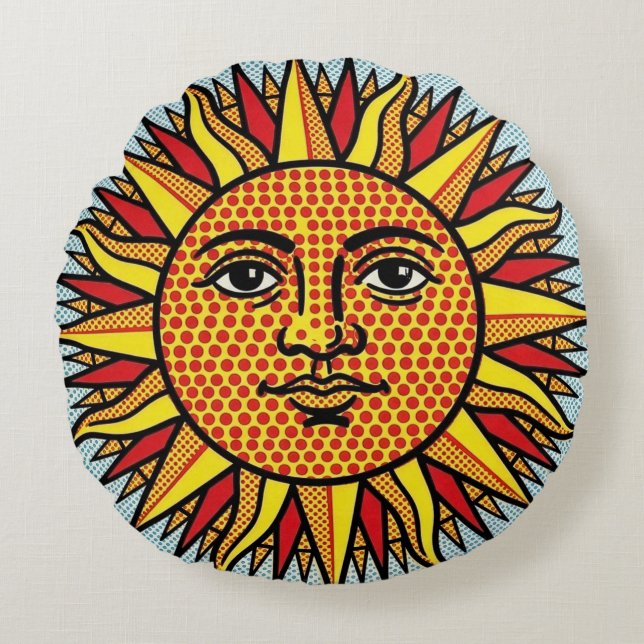 Celestial Sun Face Pop Art Comic Style Sunburst Round Cushion (Front)