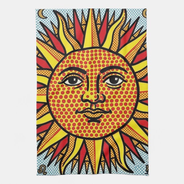 Celestial Sun Face Pop Art Comic Style Sunburst Tea Towel (Vertical)