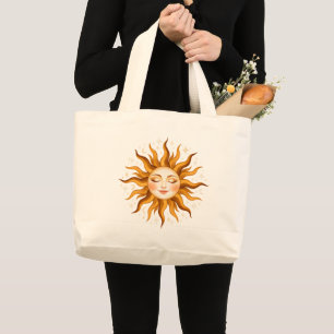 Celestial Sun Face Vintage Boho Art  Large Tote Bag