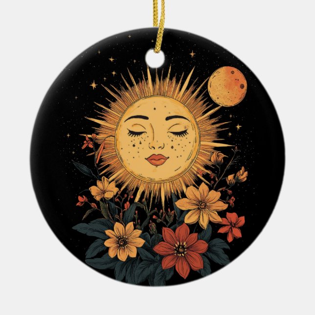 Celestial Sun Goddess with Blossoming Florals Ceramic Tree Decoration (Front)
