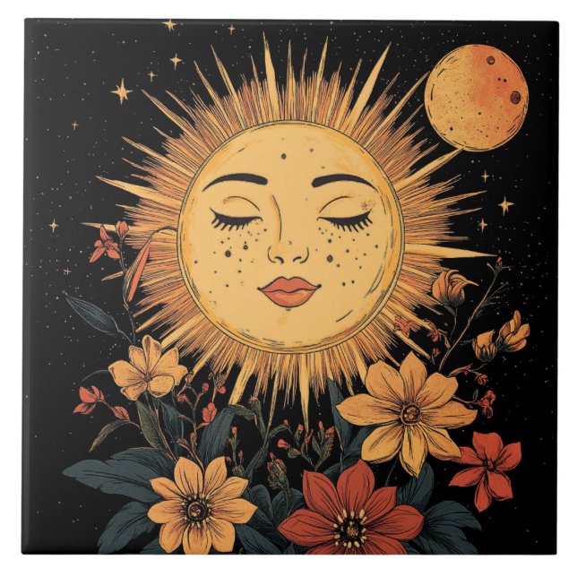 Celestial Sun Goddess with Blossoming Florals Tile (Front)