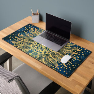 Celestial Sun Mandala Blue and Gold Desk Mat