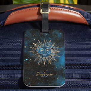Celestial Sun Monogram Glitter Cosmic Navy Chic Luggage Tag