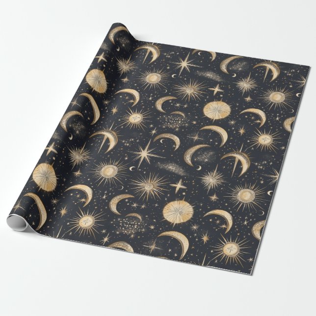 Celestial Sun Moon and Stars Night Sky  Wrapping Paper (Unrolled)