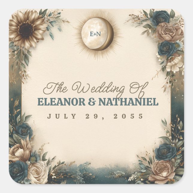 Celestial Sun Moon Boho Floral Rustic Wedding Square Sticker (Front)