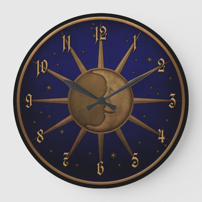 Celestial Sun Moon Brass Bas Relief Graphic Large Clock (Front)