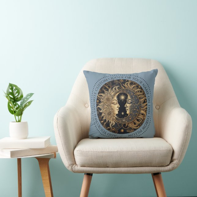 Celestial Sun Moon Custom Quote Blue Round Pillow (Chair)