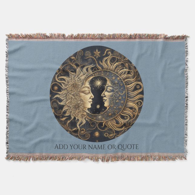 Celestial Sun Moon Custom Quote Blue  Throw Blanket (Front)
