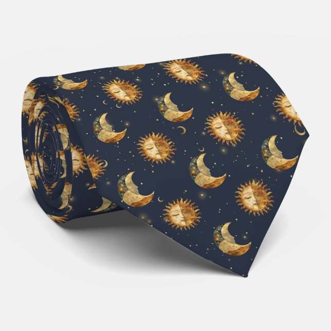 Celestial Sun & Moon Gold Starry Night Pattern (1) Tie (Rolled)