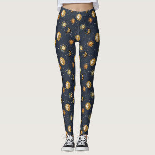 Celestial Sun & Moon Gold Starry Night Pattern (2) Leggings