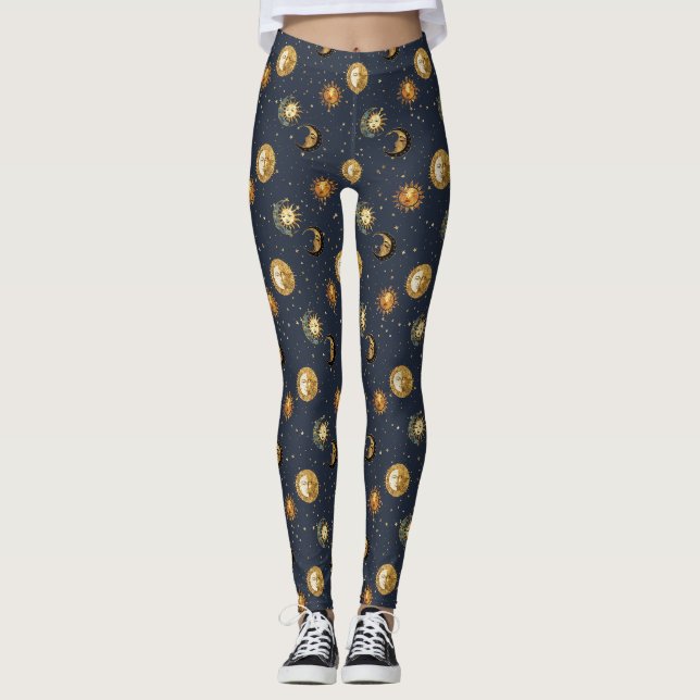 Celestial Sun & Moon Gold Starry Night Pattern (2) Leggings (Front)
