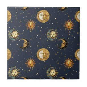 Celestial Sun & Moon Gold Starry Night Pattern (2) Tile