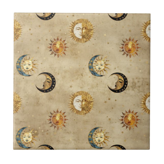 Celestial Sun & Moon Gold Starry Night Pattern (4) Tile (Front)
