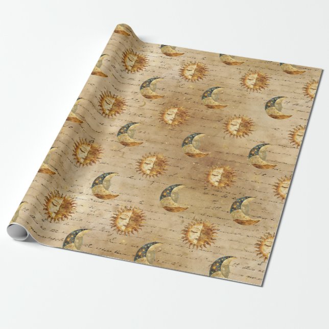 Celestial Sun & Moon Gold Starry Night Pattern (5) Wrapping Paper (Unrolled)