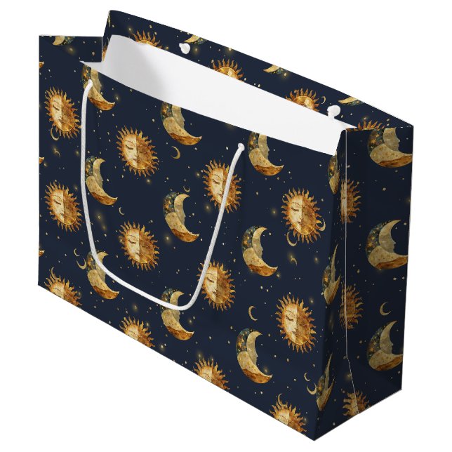 Celestial Sun & Moon Gold Starry Night Pattern Large Gift Bag (Front Angled)
