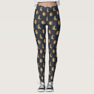 Celestial Sun & Moon Gold Starry Night Pattern Leggings