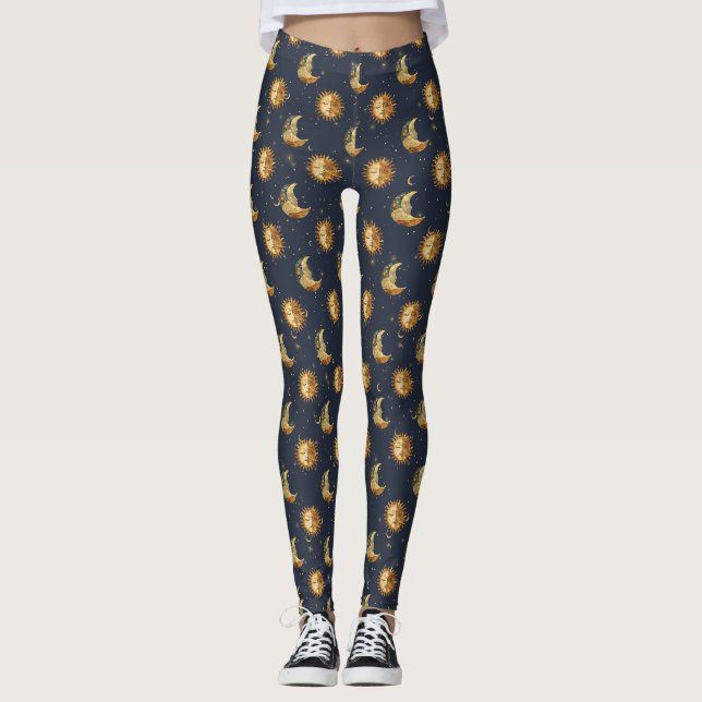 Celestial Sun & Moon Gold Starry Night Pattern Leggings (Front)