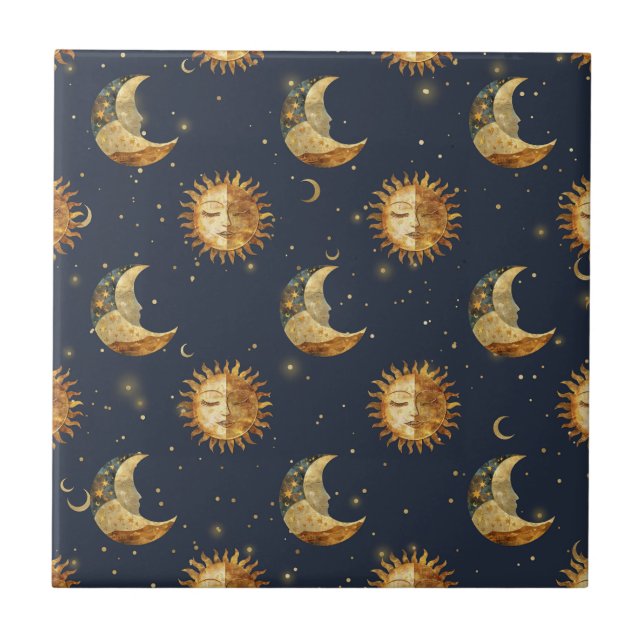 Celestial Sun & Moon Gold Starry Night Pattern Tile (Front)
