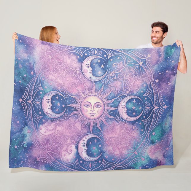 Celestial Sun & Moon Mandala Galaxy Nebula Fleece Blanket (In Situ)