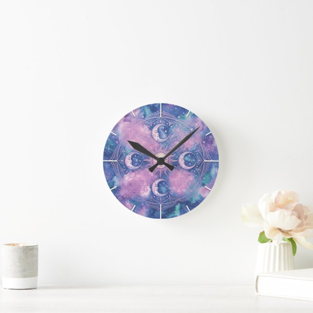 Celestial Sun & Moon Mandala Galaxy Nebula Round Clock (Home)