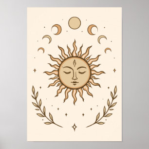 Celestial Sun Moon Phases Mystical Botanical Art Poster