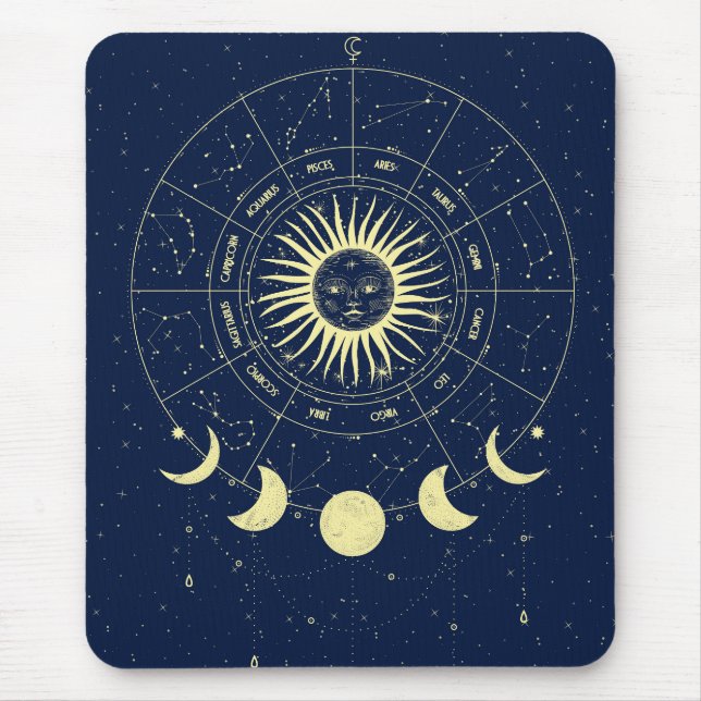 Celestial Sun Moon Phases Zodiac Mouse Mat (Front)