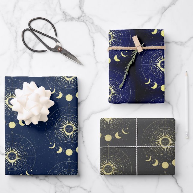 Celestial Sun Moon Phases Zodiac Wrapping Paper Sheet (Front)