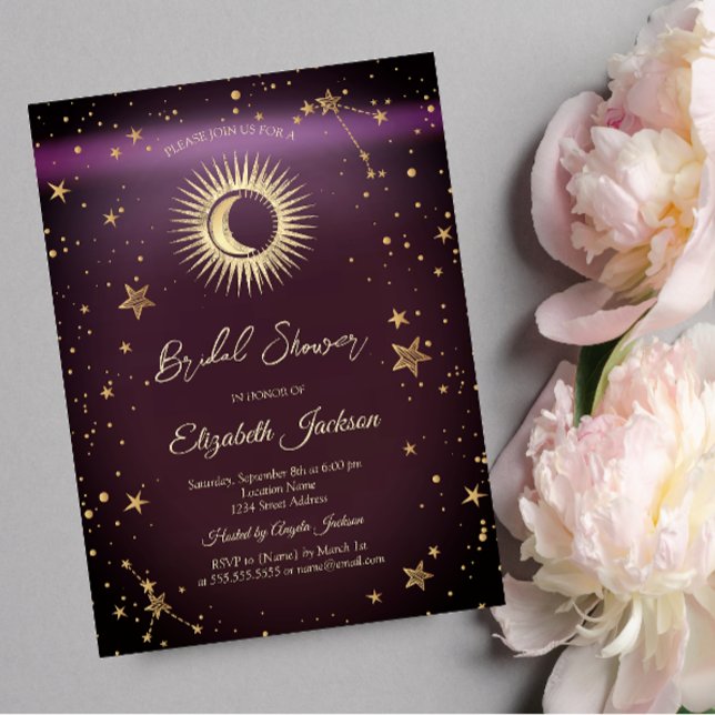 Celestial Sun,Moon,Stars Burgundy Bridal Shower Invitation (Creator Uploaded)