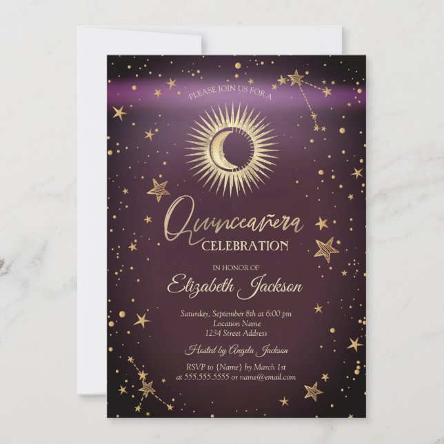 Celestial Sun,Moon,Stars Burgundy Quinceanera Invitation (Front)
