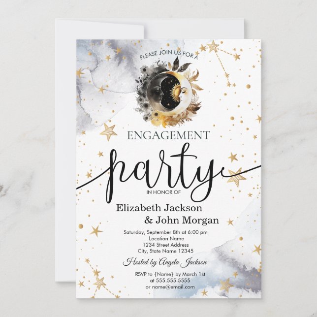 Celestial Sun,Moon,Stars Flowers Engagement   Invitation (Front)