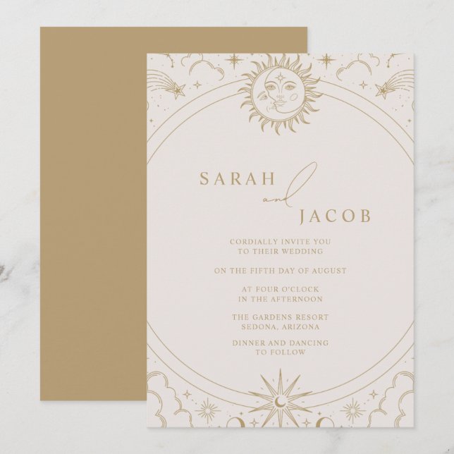 Celestial Sun Moon Stars Gold Wedding  Invitation (Front/Back)
