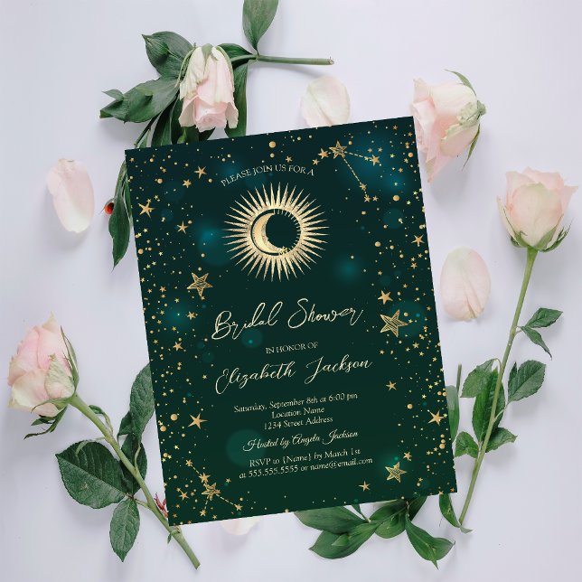 Celestial Sun,Moon,Stars Green Bridal Shower Invitation (Creator Uploaded)