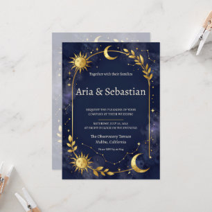 Celestial Sun Moon Stars Navy Gold Wedding Invitat Invitation