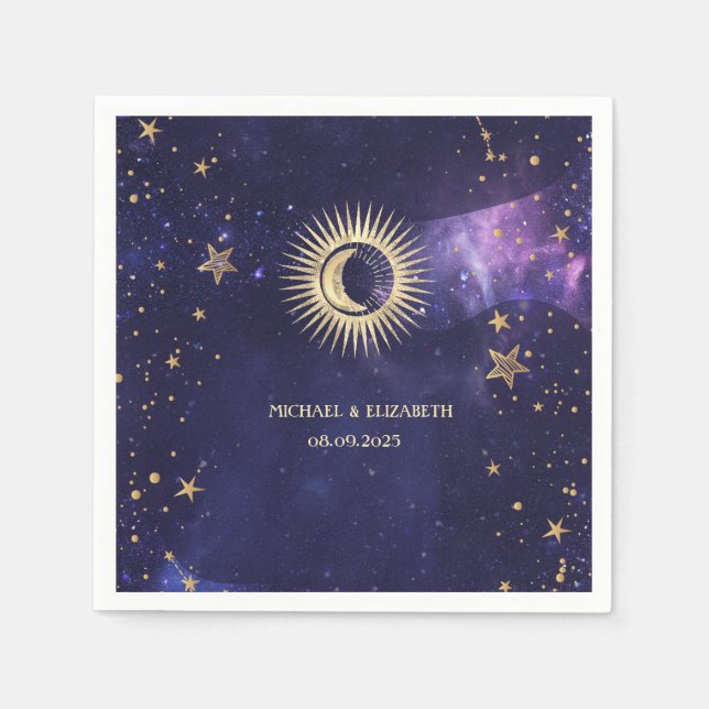 Celestial Sun,Moon,Stars Purple Napkin (Front)