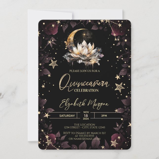 Celestial Sun,Moon,Stars Roses Quinceanera Invitation (Front)