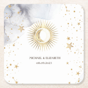 Celestial Sun,Moon,Stars  Square Paper Coaster