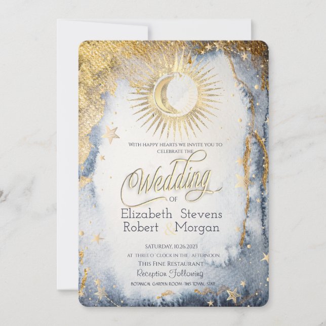 Celestial Sun,Moon,Stars Watercolor Wedding   Invitation (Front)