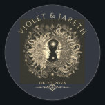 Celestial Sun Moon Stars Wedding  Classic Round Sticker<br><div class="desc">These celestial wedding stickers or labels feature a striking illustration of a serene,  yet powerful Sun and Moon,  their faces intertwined in harmony. The design is adorned with intricate,  flourishes both in the imagery and the typography. An ethereal style for the event.</div>