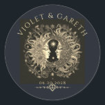 Celestial Sun Moon Stars Wedding  Classic Round Sticker<br><div class="desc">These celestial wedding stickers or labels feature a striking illustration of a serene,  yet powerful Sun and Moon,  their faces intertwined in harmony. The design is adorned with intricate,  flourishes both in the imagery and the typography. An ethereal style for the event.</div>