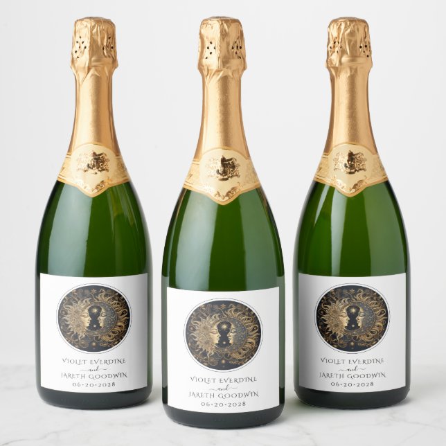 Celestial Sun Moon Stars Wedding  Sparkling Wine Label (Bottles)