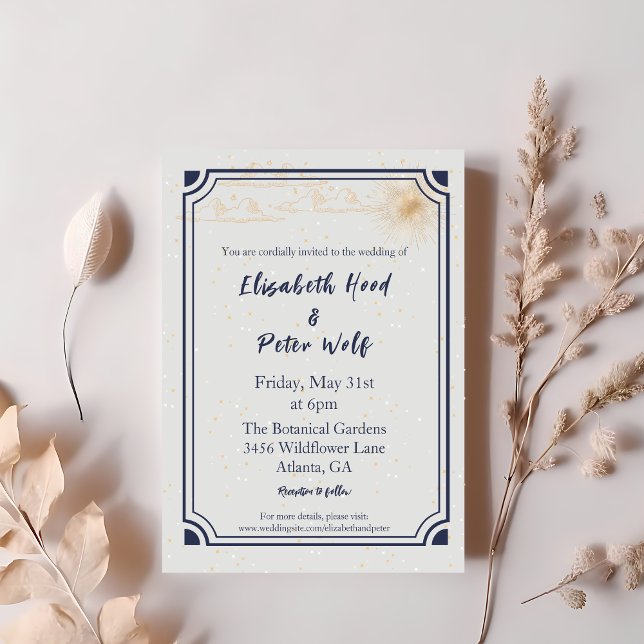 Celestial Sun & Stars in Gold & Dark Plum Wedding Invitation (Creator Uploaded)