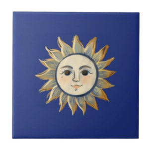 Celestial Sun with Face Gold and Dark Blue Tile