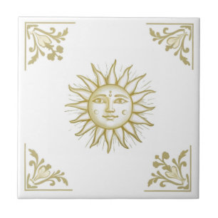 Celestial Sun with Face Gold and White Delft style Tile