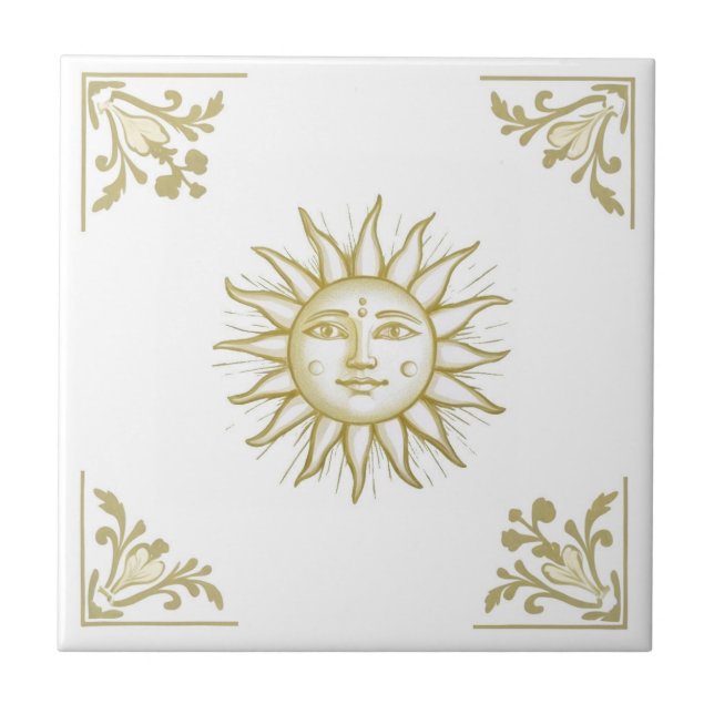 Celestial Sun with Face Gold and White Delft style Tile (Front)