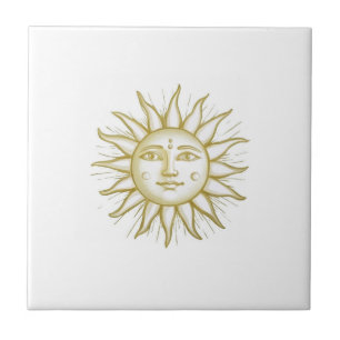 Celestial Sun with Face Gold and White Tile