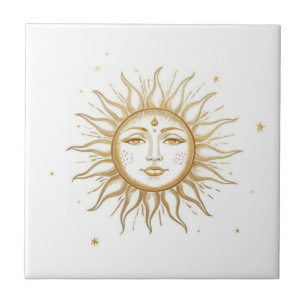 Celestial Sun with Face Gold and White Tile