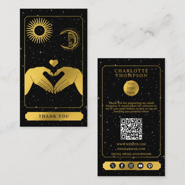 Celestial Tarot Hairdresser Black Gold Thank You Business Card (Front/Back)